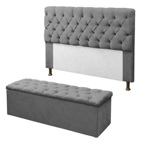 Cabeceira Mais Calçadeira Baú Casal Recamier Divã 195cm para Cama Box Sofia Mirage Suede Cinza