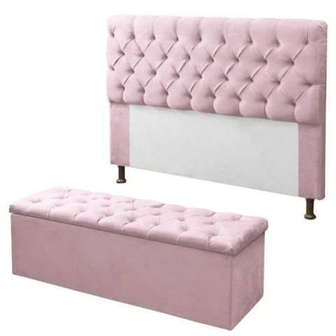 Cabeceira Mais Calçadeira Baú Solteiro Recamier Divã 0,90cm para Cama Box Sofia Mirage Suede Rosa