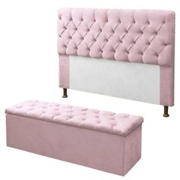 Kit de Cabeceira e Calçadeira Baú Casal Recamier Divã 140cm para Cama Box Sofia Mirage Suede Rosa Ro - 1