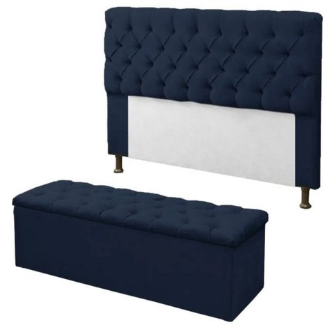Cabeceira Mais Calçadeira Recamier Divã Baú Casal 140cm para Cama Box Sofia Mirage Marinho
