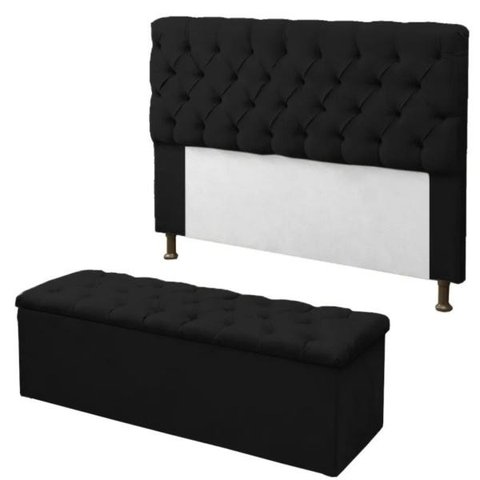 Cabeceira Mais Calçadeira Baú Recamier Divã Casal King 195cm para Cama Box Sofia Mirage Suede Preto