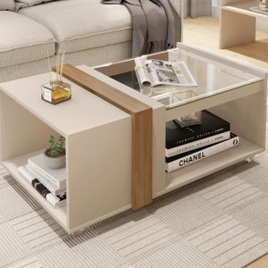 Mesa de Centro Decorativa e Funcional Tampo em Vidro Rodinha:off-white-buriti