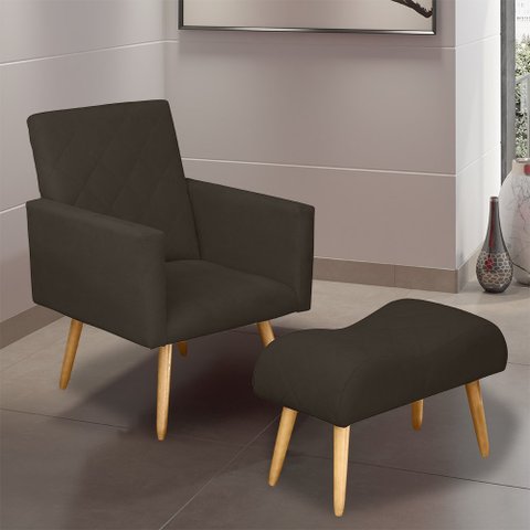 Poltrona Decorativa Nina e Banqueta Josi Suede Marrom - MV Estofados Shop