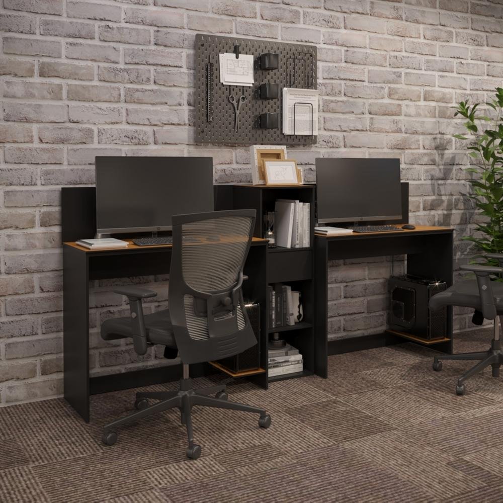 Conjunto de Escritório Smart 1 Livreiro e 2 Mesas 90cm - Preto e Cedro - 4