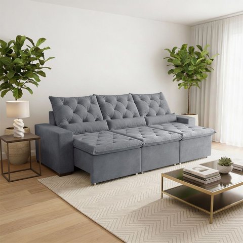Sofá Retrátil 210m Suede com Assento e Encosto Relax Milão Cinza Claro