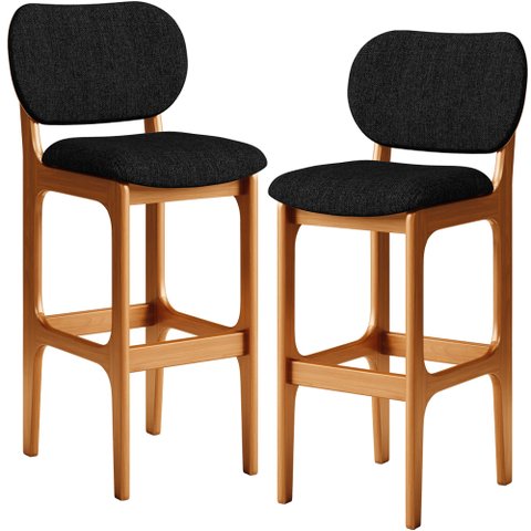 Kit 2 Banquetas Alta Bar Cozinha Sala Jantar Fixa Betta L02 Imbuia Linho Chumbo - Lyam Decor