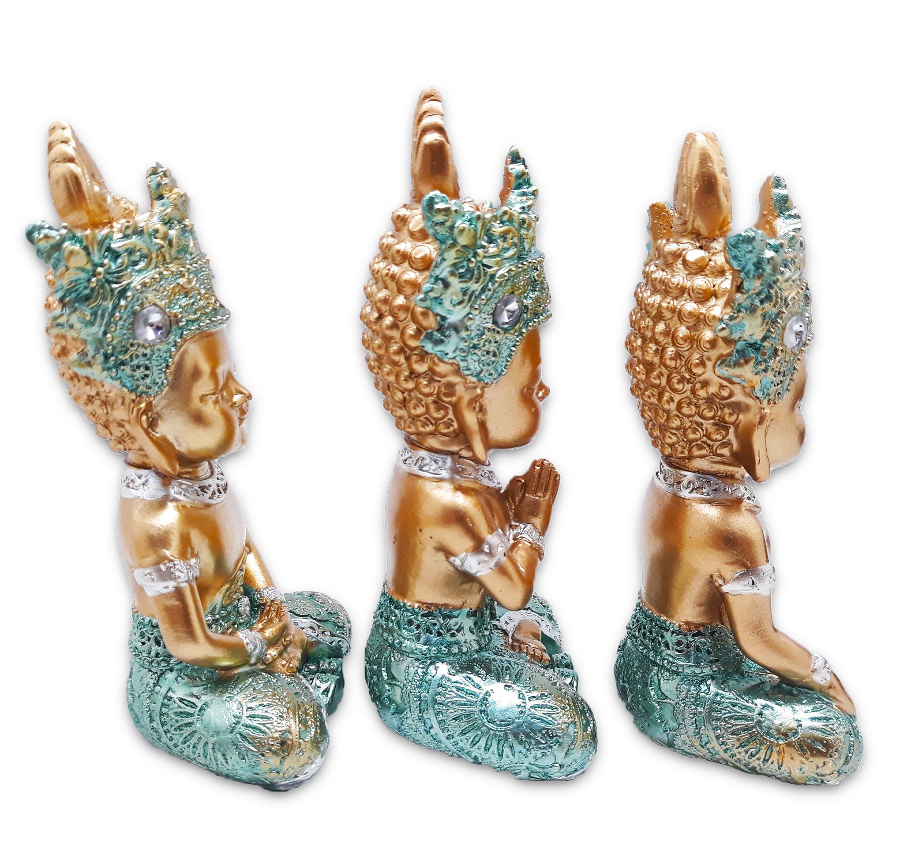 Trio de Buda Tailandês da Prosperidade Gold Azul 12cm - 2