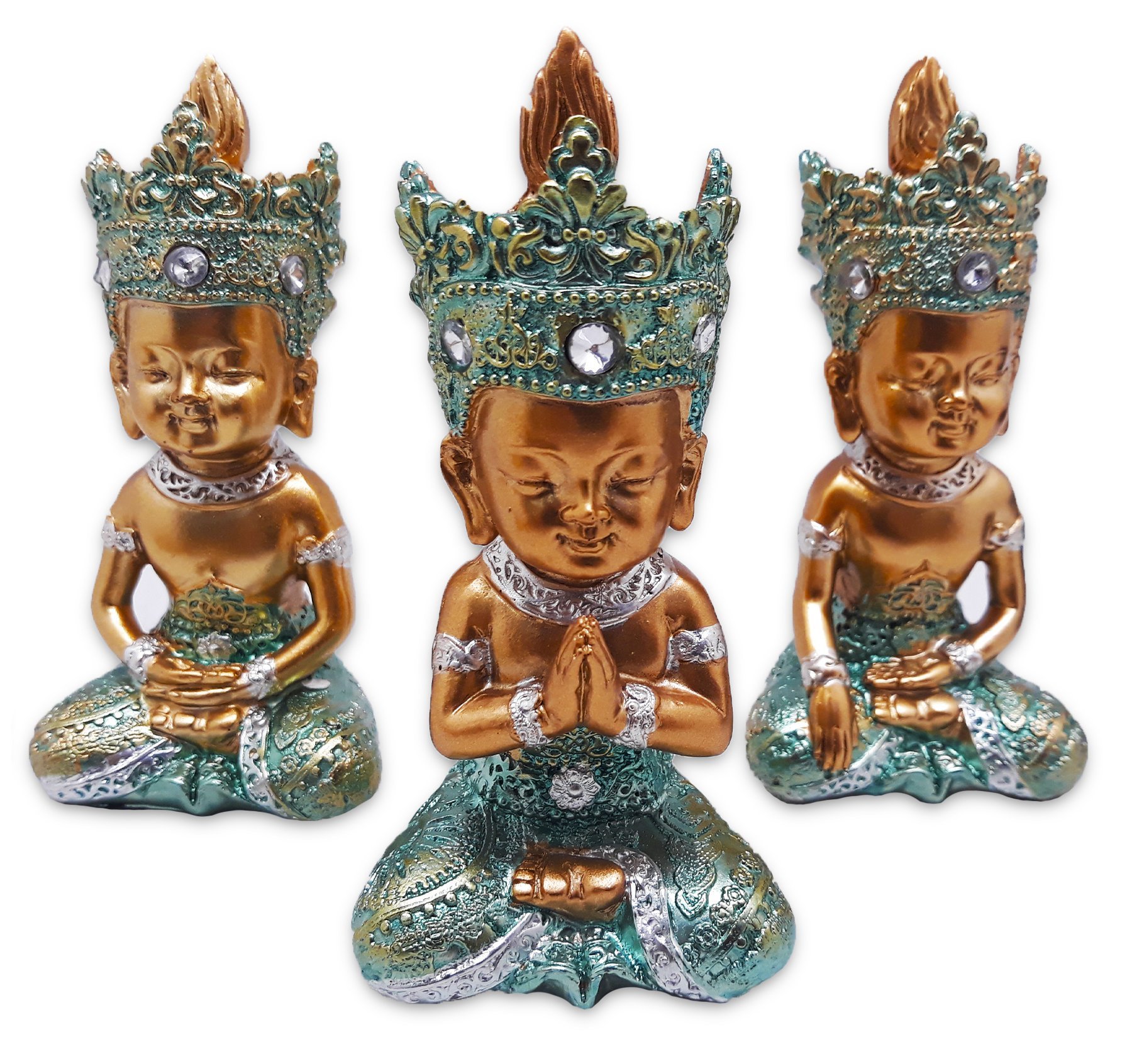 Trio de Buda Tailandês da Prosperidade Gold Azul 12cm