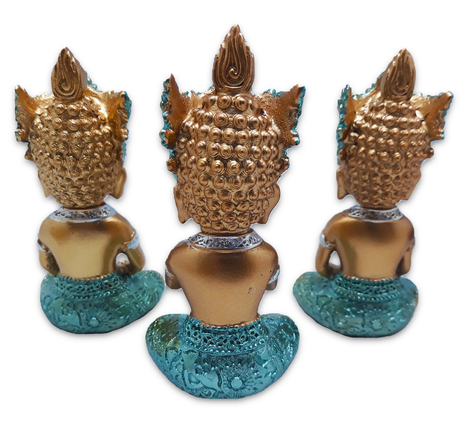 Trio de Buda Tailandês da Prosperidade Gold Azul 12cm - 3