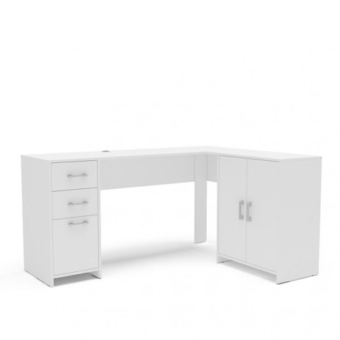 Mesa em L com 2 Gavetas e 3 Portas Branca Madri Politorno