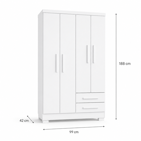 Guarda Roupa Roupeiro Paris Casal 4 Portas 2 Gavetas 3 Prateleiras 2 Cabideiros Branco