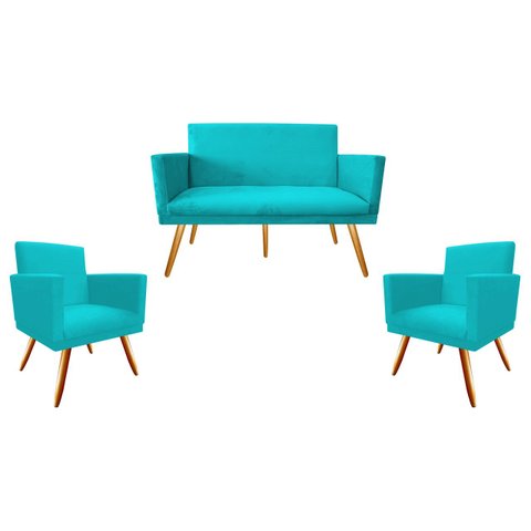 Kit Namoradeira + 2 Poltronas Decorativa Nina Suede Azul Tifany Pés Madeira Mz Decor