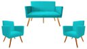 Ver imagem 1 de Kit Namoradeira + 2 Poltronas Decorativa Nina Suede Azul Tifany Pés Madeira Mz Decor
