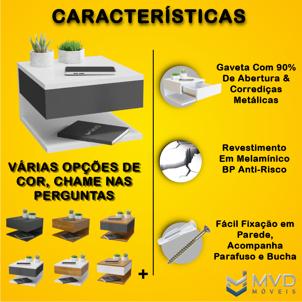 KIT 2 Mesa de Cabeceira Suspensa com Gaveta e Prateleira MVD Móveis - 2