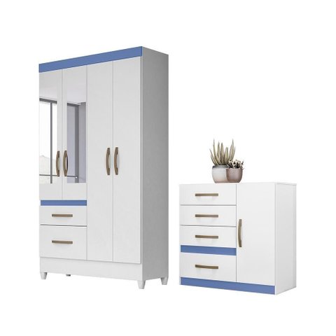 Conjunto de Guarda Roupa e Cômoda Casal Petra 5 Portas de Bater 4 Gavetas MDP com Espelho