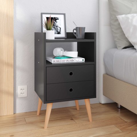 Mesa de Cabeceira Retrô Mesinha Decorativa Pequena Canto Lateral Quarto Nicho 2 Gavetas -preto- Rpm