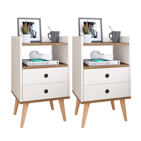 Kit 2 Mesas de Cabeceira Mesinhas Quarto com Nicho Gavetas Retrô Dream Plus - Off White/freijó -rpm
