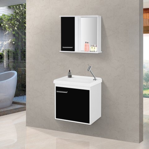 Gabinete para Banheiro com Cuba e Espelho Incluso Arts 45 Cm - Branco / Preto