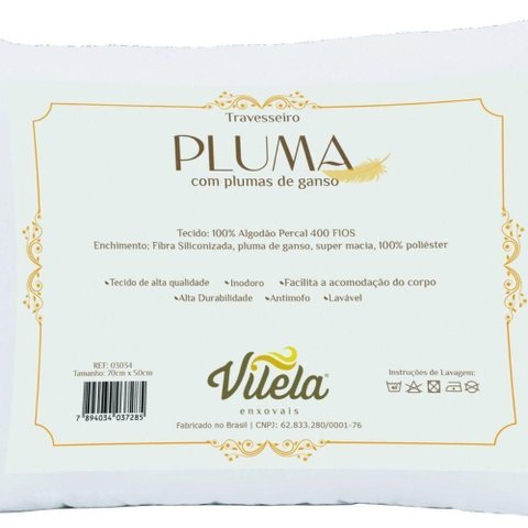 Travesseiro Pluma de Ganso 70x50 Cm Percal 400 Fios Acetinado 1 Peça 100% Algodão - Branco
