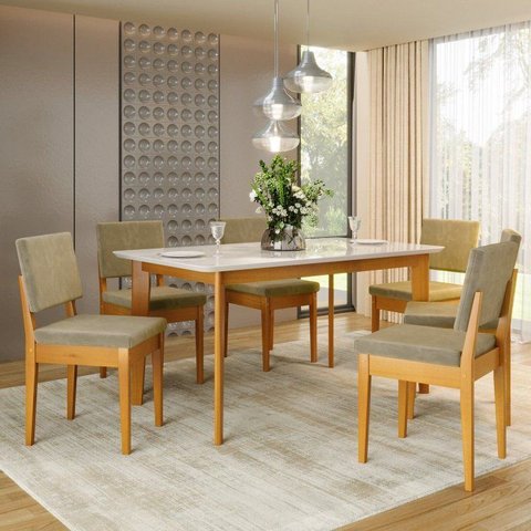 Conjunto Sala de Jantar Siera 6 Lugares Retangular Madeira Maciça Miami Natural/Cerejeira/Castor