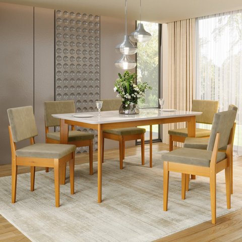 Conjunto Sala de Jantar Siera 6 Lugares Retangular Madeira Maciça Miami Marrom/Cerejeira/Castor