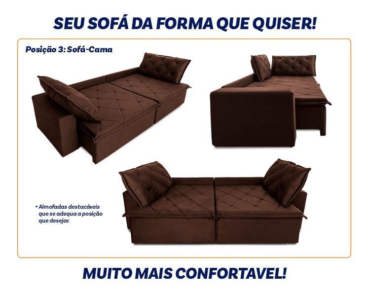 Sofá Cama Retrátil Reclinável 2,10m Bangkok Suede Velut Marrom Molas no Assento - King House - 5