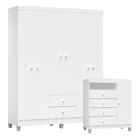 Cômoda e Guarda Roupa 6 Portas Ternura Baby Branco Brilho – Incorplac