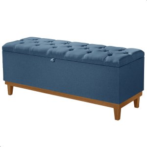 Recamier Baú Dubai Linho Azul Queen 1,50m Estofado Base Madeira