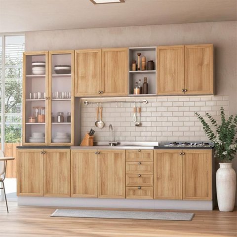 Armário de Cozinha Completo Berlim B7 7 Peças MDF Amadeirado Ditália Móveis