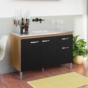 Balcão Gabinete P/ Pia Gabriela sem Tampo 120 Cm Ajl Móveis - Amêndoa/preto