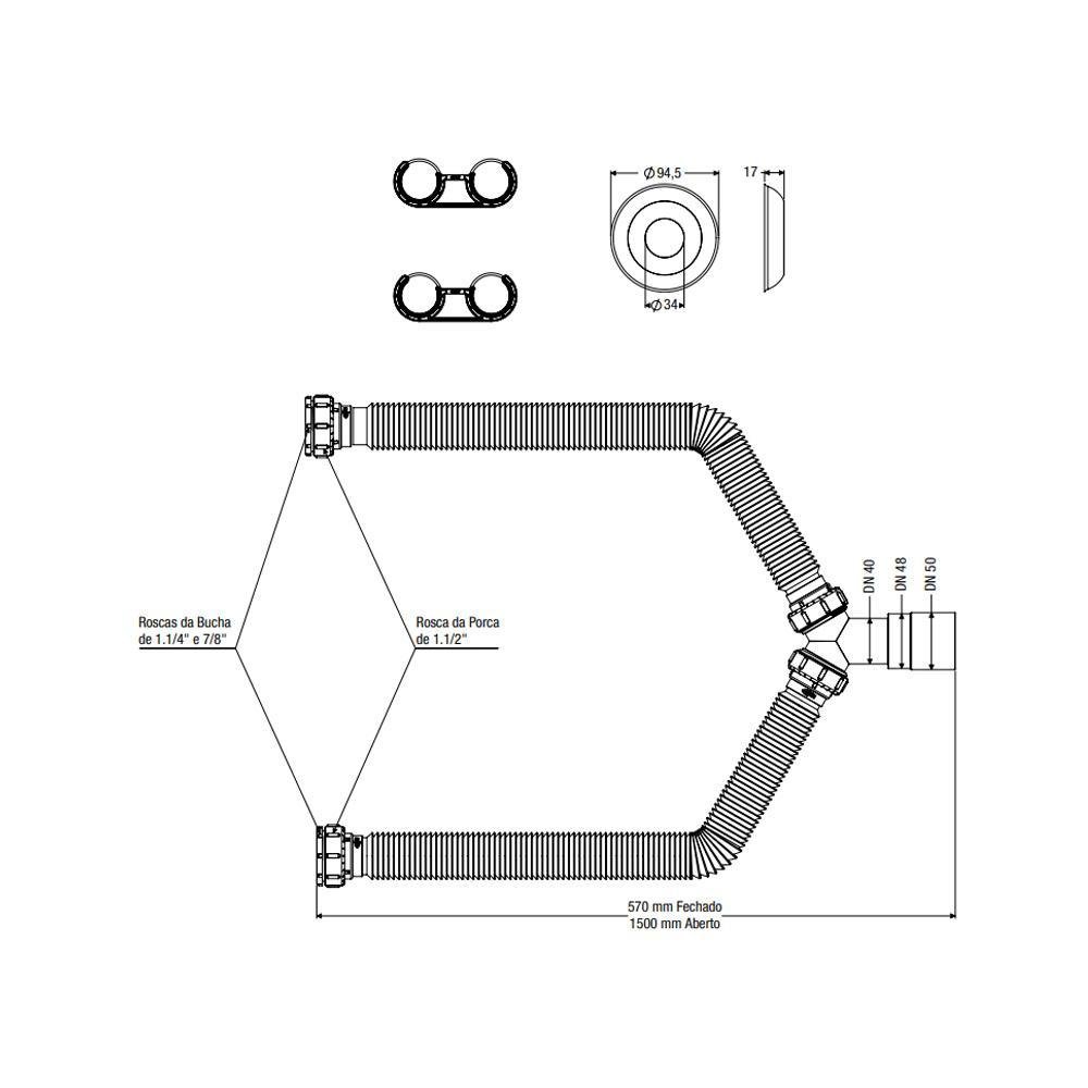 Sifão Duplo Sanfonado Extensível Censi 1,5m Branco - 2