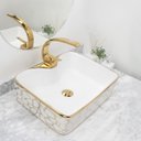 Ver imagem 3 de Kit Cuba Pia Louça Cerâmica Banheiro C/Torn e Vál Dourada 89