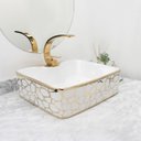 Ver imagem 4 de Kit Cuba Pia Louça Cerâmica Banheiro C/Torn e Vál Dourada 89