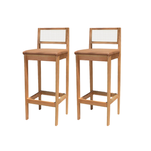 Kit 2 Banqueta Alta de Madeira com Assento Estofado Corino e Encosto em Palhinha Bruna: Mel e Sintet