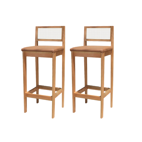 Kit 2 Banqueta Alta de Madeira com Assento Estofado Corino e Encosto em Palhinha Bruna: Mel e Sintet