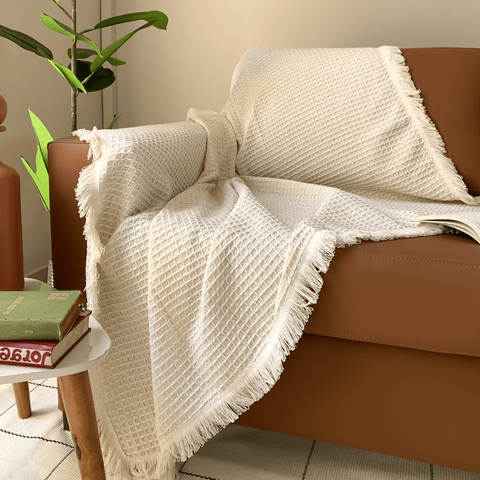 Manta Sofá Xale Decorativo Grande 1,50 X 2,10m Bege Cru Quadriculado Artesanal Rústico Moderno
