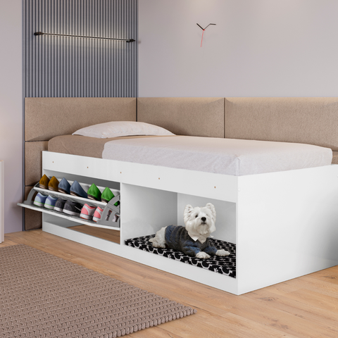 Box Solteiro 2 Prateleiras Flórida com Kit Pet e Colchão Branco