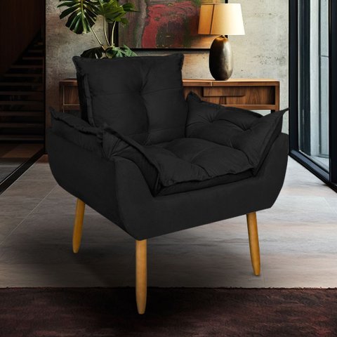 Poltrona Opala para Sala Clínica Salão Pés de Madeira Suede Preto