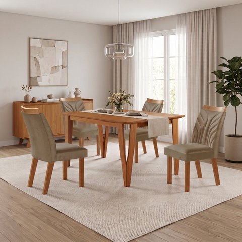 Conjunto Sala de Jantar Mesa Elos 1,20x0,80 Tampo Amadeirado 4 Cadeiras Veneza New Cinamomo Yescasa