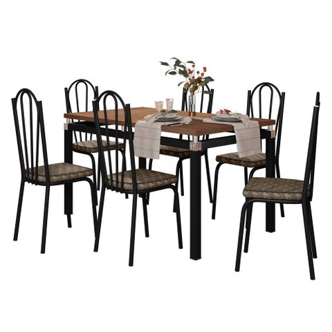 Kit Mesa de Jantar Marva 136cm com 06 Cadeiras Alabama Palha Ferro Preto - Pallazio