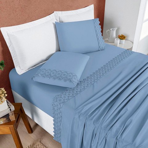 Jogo Cama Lençol Casa Scarpa Bouclê Casal Padrão Micro Percal 200 Fios C/ Laise Bordada 4 Peças - Az
