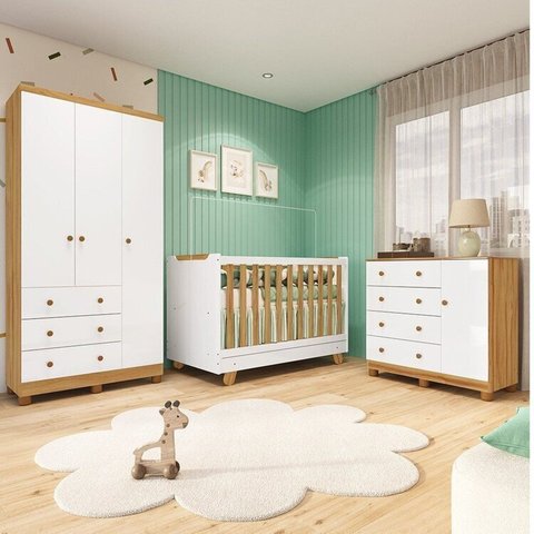 Quarto de Bebê com Guarda-Roupa 3 Portas Cômoda e Berço 4EM1 Minicama 100% MDF Mike Espresso Móveis