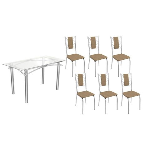 Sala de Jantar Completa Elba C/ Tampo de Vidro 150cm e 6 Cadeiras Lisboa Cromada - Courano Capuccino