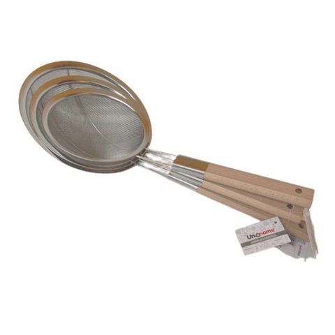 Kit 3 Peneira Escumadeira Malha Fina Inox Madeira 16 18 20cm