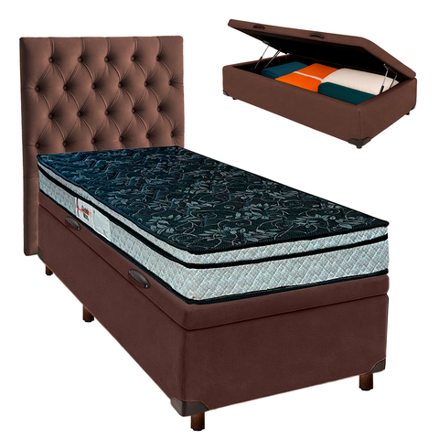 Cama Box Bau + Colchão Solteiro D28 Conforto Paropas + Cabeceira Estofada