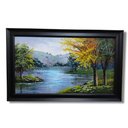 Ver imagem 1 de Quadro Paisagem arvore amarela no lago reflexo acrilico sobre tela pintado a mão Arte Quadro