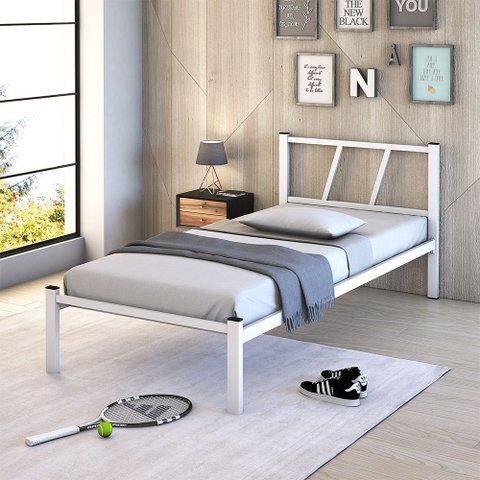 Cama Solteiro Bruna 100% de Aço Estilo Industrial Reforçada - Branco