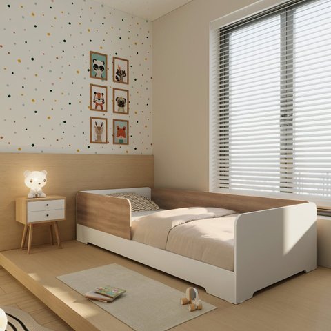 Cama Infantil Montessoriana Solteiro Mark em MDF Branco/Louro Freijó Grann