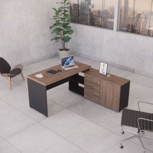 Mesa para Escritório em L Diretor Tampo com 40mm Atacadão Móveis Ameixa com Preto