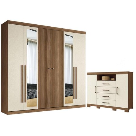 Guarda Roupa Casal Ripado Buriti 6 Portas de Bater com Espelho e Cômoda Havana Master 4 Gavetas